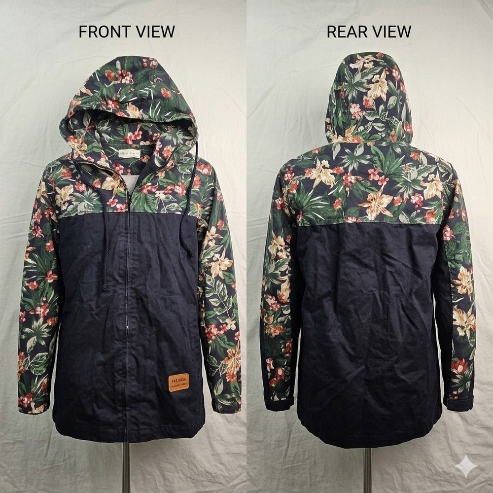 Fashion Made in J-New Floral Hooded Jacket Men's Size L Black Tropical Print